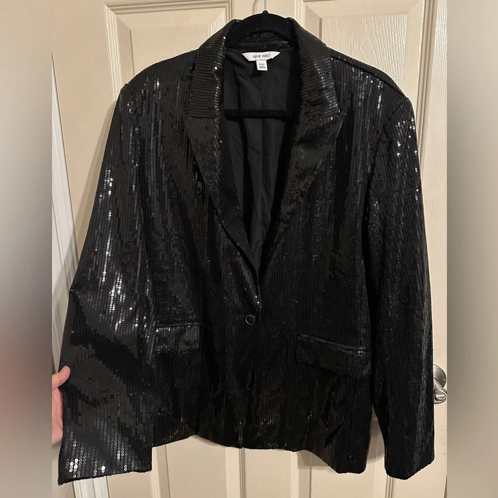 Nine West All Over Sequin One Button Blazer, Black, Sz XXL - Picture 4 of 13